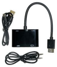 XtendLan Konvertor HDMI(M) na VGA a HDMI(F), VGA 1080p, HDMI 4k, s audio propojením (jack 3.5mm),napájení USB micro(B)