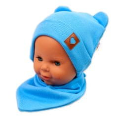 Baby Nellys Žebrovaná dvouvrstvá čepice s oušky + šátek TEDDY - modrá, vel. 80/86