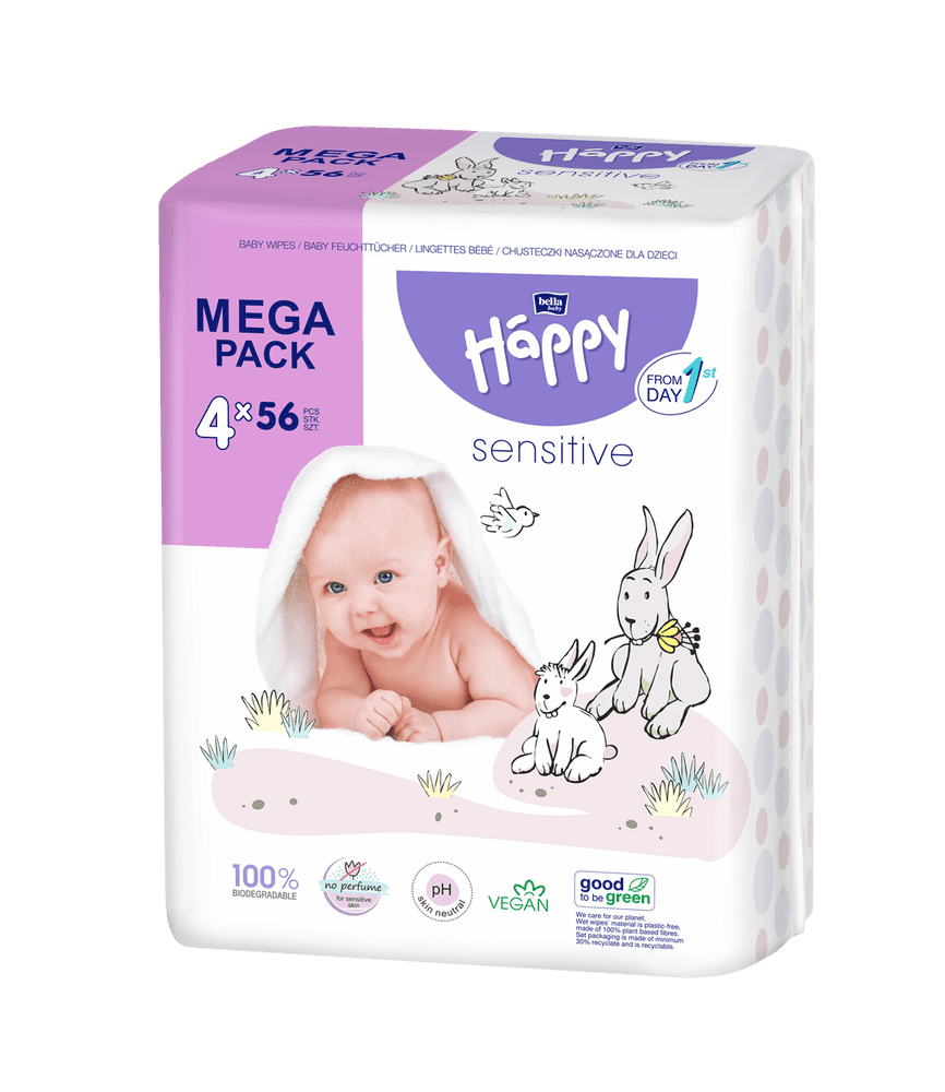 Levně Bella Happy Baby mega pack čistící ubrousky sensitive 4 x 56 ks
