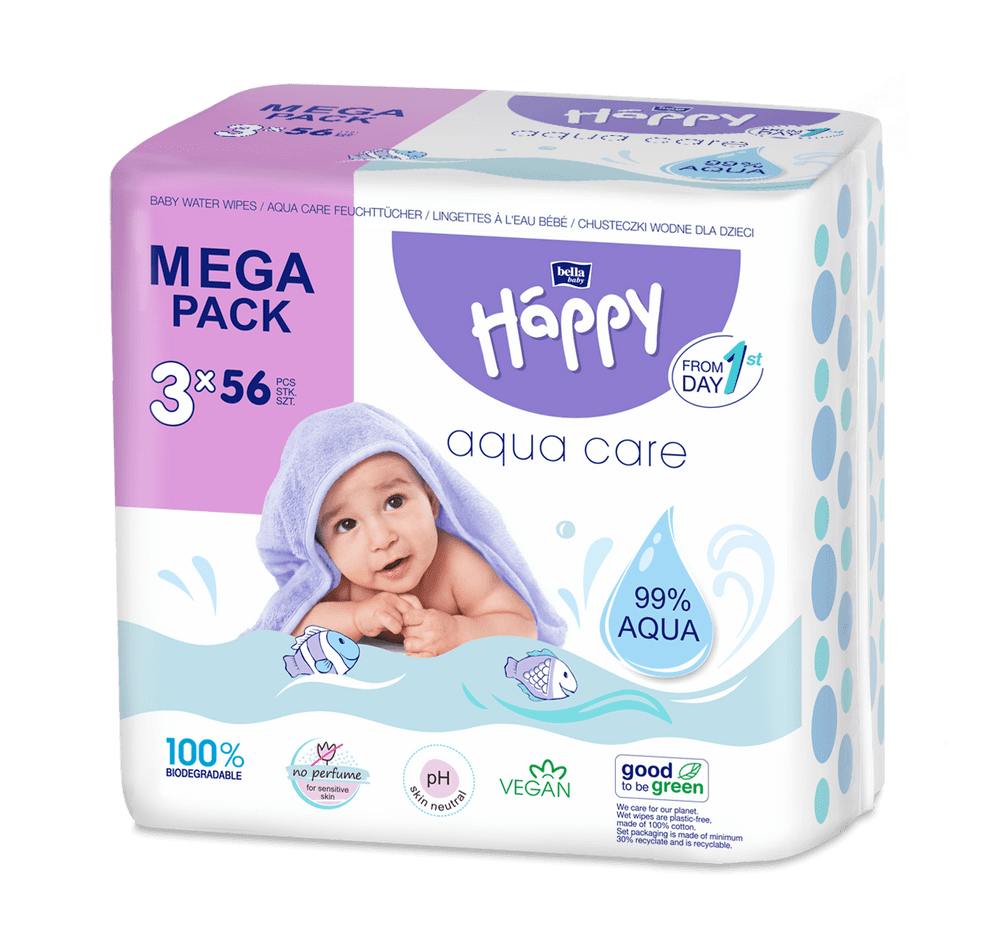 Levně Bella Happy Baby mega pack čistící ubrousky Aqua care 3 x 56 ks