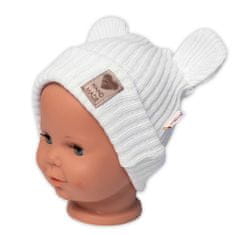 Baby Nellys Pletená bavlněná čepice s oušky, dvouvrstvá, Hand Made, bílá, vel. 80/86