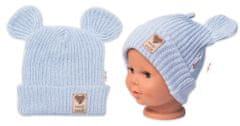 Baby Nellys Pletená bavlněná čepice s oušky, dvouvrstvá, Hand Made, modrá, vel. 80/86