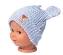 Baby Nellys Pletená bavlněná čepice s oušky, dvouvrstvá, Hand Made, modrá, vel. 80/86