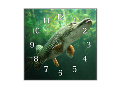 Glasdekor Nástěnné hodiny 30x30cm ryba štika - Materiál: kalené sklo