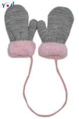 Mamitati Zimní kojenecké rukavičky s kožíškem - se šňůrkou - šedé/růžový kožíšek, 98/104