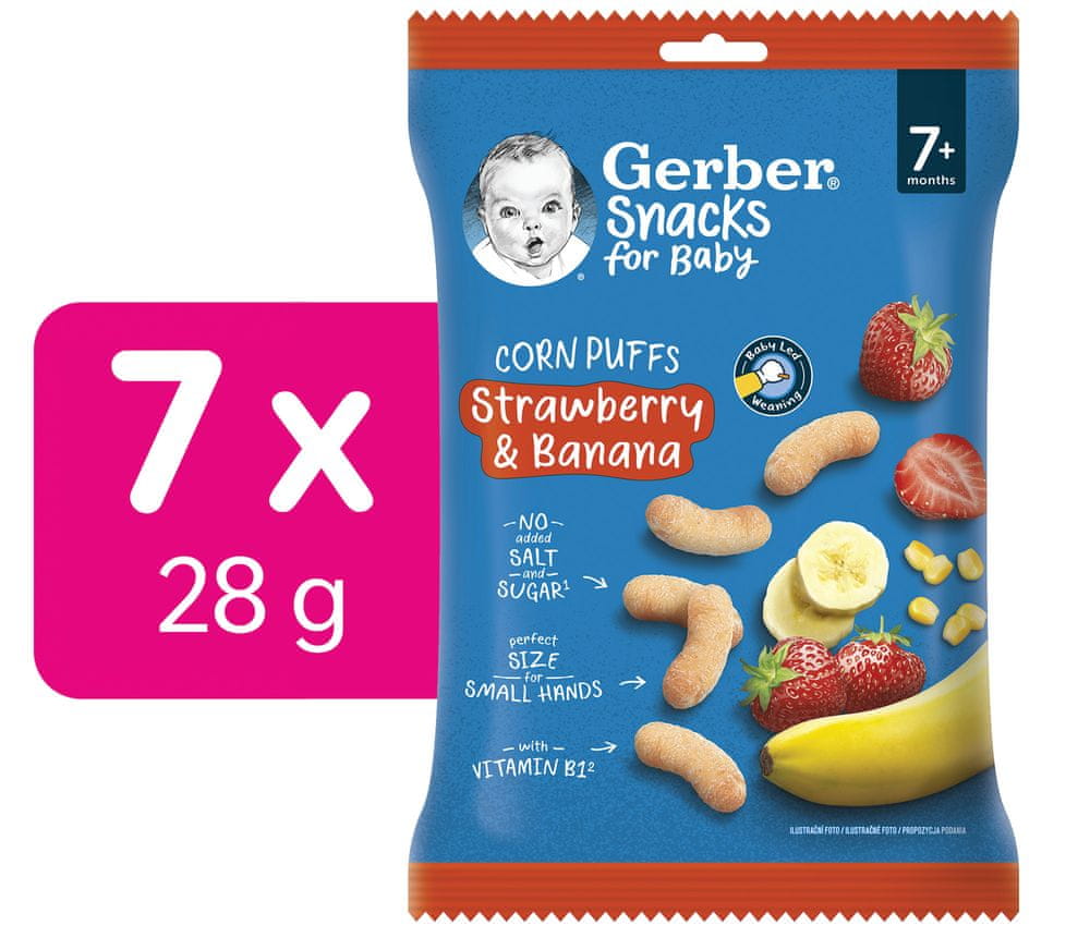 Levně Gerber Snacks kukuřičné křupky jahoda a banán 7 x 28 g