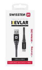 SWISSTEN odolný datový kabel USB-A - USB-C, 60W, kevlarový, 1.5m, černá