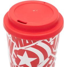 CurePink Plastový cestovní hrnek Marvel: Logo koláž (objem 520 ml)