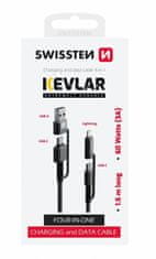 SWISSTEN odolný datový kabel 4v1 USB-A / USB-C - USB-C / Lightning, 60W, kevlarový, 1.5m, černá