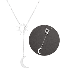 For Fun & Home Dlouhý náhrdelník z chirurgické oceli 316L, stříbrný, s přívěsky slunce a měsíce, délka 60 cm