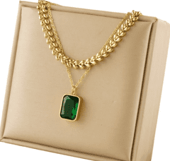 For Fun & Home Dvojitý náhrdelník Zlatý se zeleným kamenem z chirurgické oceli