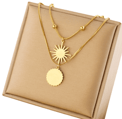 For Fun & Home Dvojitý náhrdelník z chirurgické oceli 316L s mincí a sluncem, pokovený 18karátovým zlatem, délka 44+5 cm a 40+5 cm