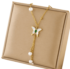 For Fun & Home Dlouhý náhrdelník z chirurgické oceli 316L, pozlacený 18karátovým zlatem, s motýlem a perlami, délka 40 cm + 5 cm prodloužení