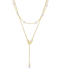 For Fun & Home Dlouhý náhrdelník z chirurgické oceli 316L s motýlem a perlami, pozlacený 18karátovým zlatem, délka 50 cm + 7 cm prodloužení