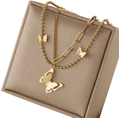 For Fun & Home Dvojitý náhrdelník Motýlí řetízek z chirurgické oceli v zlaté barvě