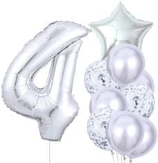 Camerazar Sada 10 stříbrných balónků ke čtvrtým narozeninám - fólie a latex, výška číslice 81 cm, velikost hvězdy 45 cm