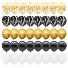 Camerazar Sada 40 balónků v černé, zlaté a bílé barvě s konfetami, latex, průměr 30 cm