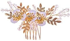 Camerazar Elegantní Zlatý Svatební Hřeben s Bílými Květy a Korálky, 11 cm x 5,5 cm
