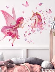 EXCELLENT Samolepka na zeď 75x100 cm - Růžová víla s jednorožcem