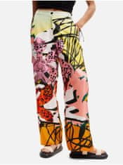 Desigual Žluto-růžové dámské vzorované hedvábné kalhoty Desigual Ericeira Lacroix S