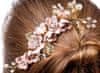 Svatební Hřeben pro Vlasy v Růžové Zlaté Barvě s Květinami a Perlami, 14 cm x 6 cm
