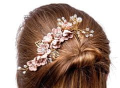 Svatební Hřeben pro Vlasy v Růžové Zlaté Barvě s Květinami a Perlami, 14 cm x 6 cm