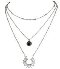 Camerazar Dlouhý stříbrný náhrdelník choker v boho stylu s přívěsky a korálky, bižuterní kov