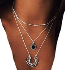 Camerazar Dlouhý stříbrný náhrdelník choker v boho stylu s přívěsky a korálky, bižuterní kov