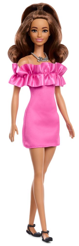 Levně Mattel Barbie Modelka - růžové šaty s volánky FBR37