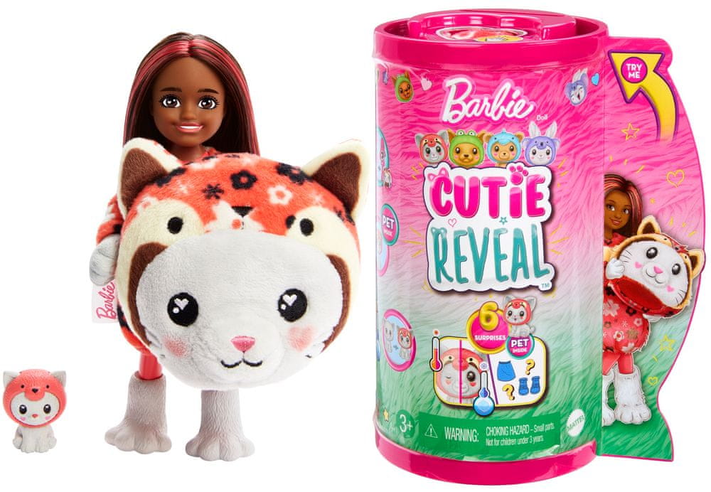 Levně Mattel Barbie Cutie Reveal Chelsea v kostýmu - kotě v červeném kostýmu pandy HRK27