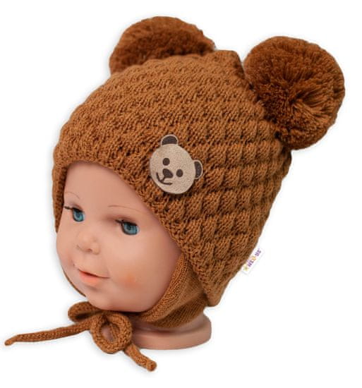 Baby Nellys Zimní pletená čepice Teddy Bear na zavazování, hnědá, 68/80, (6-12m)