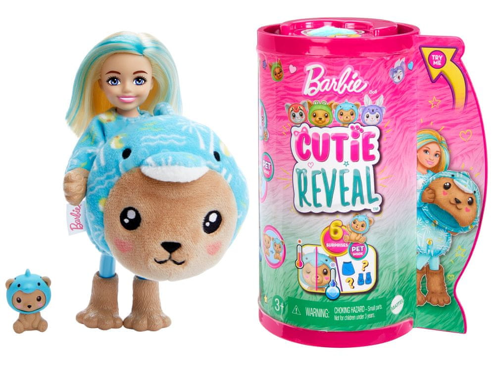 Levně Mattel Barbie Cutie Reveal Chelsea v kostýmu - medvídek v modrém kostýmu delfína HRK27