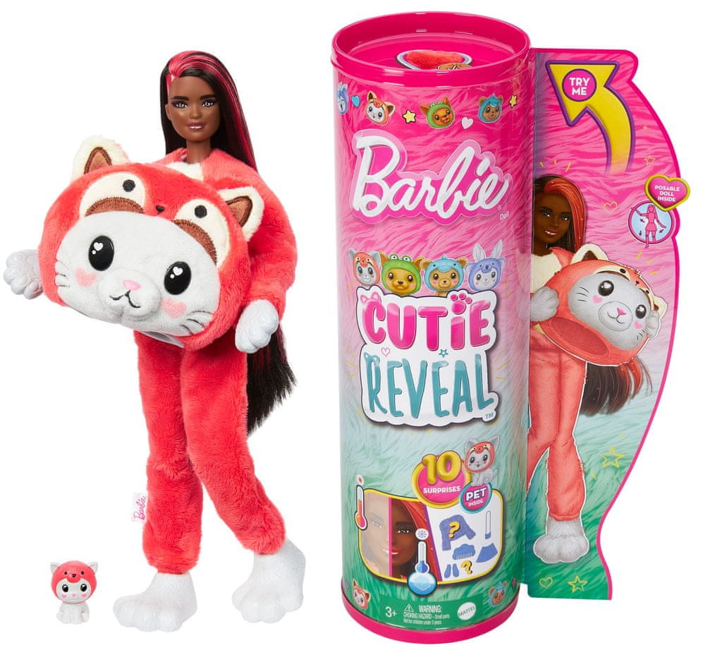 Levně Mattel Barbie Cutie Reveal Barbie v kostýmu - kotě v červeném kostýmu pandy HRK22