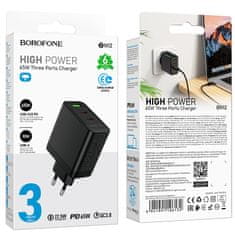 MobilPouzdra.cz Borofone síťová nabíječka BN12 Manager - USB + 2xUSB-C - PD 65W 3A , barva černá