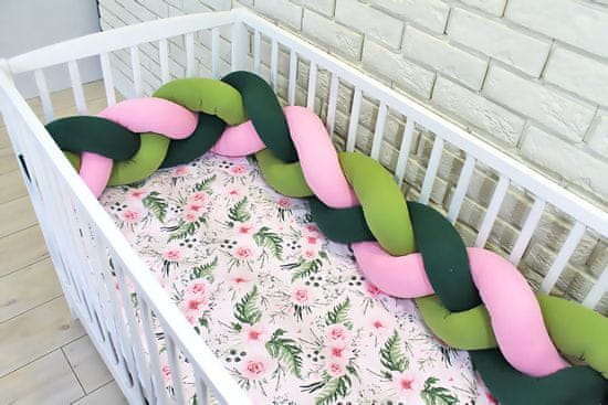 Baby Nellys Mantinel pletený cop s povlečením Květinky, 135x100, 40x60cm - zelená, růžová