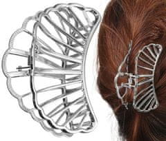 For Fun & Home Velká stříbrná kovová spona do vlasů ve tvaru mušle, 7,5 cm x 5,5 cm