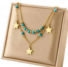 For Fun & Home Dvojitý náhrdelník z chirurgické oceli 316L, zlatý, s modrými hvězdičkami a kruhy, délka 40-44 cm