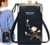 Mini kabelka na telefon s květinovou výšivkou, černá ekologická umělá kůže, 18x11x5 cm