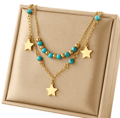 For Fun & Home Dvojitý náhrdelník z chirurgické oceli 316L, zlatý, s modrými hvězdičkami a kruhy, délka 40-44 cm