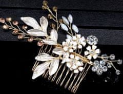 Camerazar Zlatý svatební hřeben s křišťálovou dekorací, květinami a zirkony, 11 cm x 7 cm