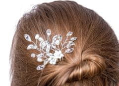 Camerazar Elegantní stříbrná svatební spona do vlasů s bílými perlami a slzičkovými krystaly, 8 cm
