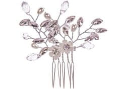 Camerazar Elegantní stříbrná svatební spona do vlasů s bílými perlami a slzičkovými krystaly, 8 cm