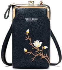 Camerazar Mini kabelka na telefon s květinovou výšivkou, černá ekologická kůže, 18x11x5 cm