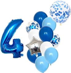 Camerazar Sada 12 modrých balónků s konfetami a číslem 4, latex a fólie, průměr 25 cm, výška 82 cm