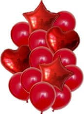 Camerazar Sada 14 červených balónků s hvězdičkami a srdíčky, latex a fólie, velikost 45 cm a 25 cm