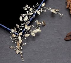 Camerazar Svatební Větev Dekorace na Drátě s Perlami, Zlatá, Kovová, 20 cm