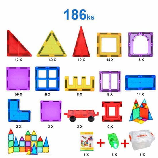 Magnetic Tiles Magnetická stavebnice pro děti sada 186ks v boxe – Magnetic Tiles