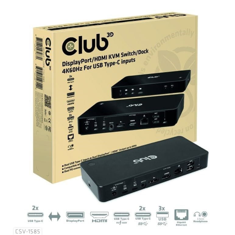 Levně Club 3D Dokovací stanice DisplayPort / HDMI KVM Switch, USB-C, PD (CSV-1585)