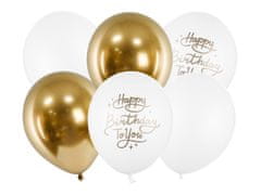 WOWO Narozeninové Balónky Happy Birthday To You v Zlaté a Bílé Barvě, 30cm, Balení 6 Kusů