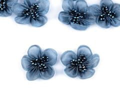 Kraftika 2ks 7 modrá organzový květ s broušenými korálky k našití a